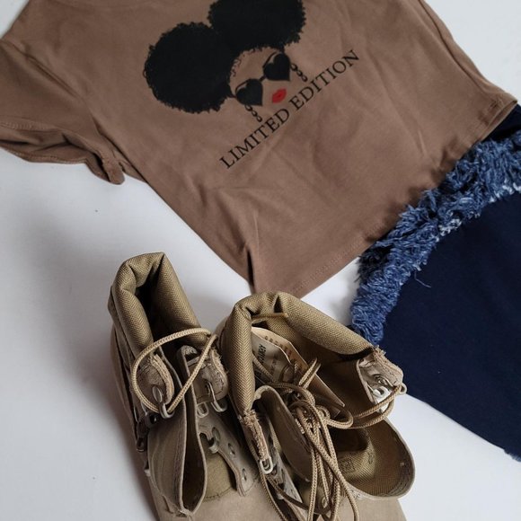 Women Crop Top Bohemian Clothes Short Sleeve Graphic Tee Brown Black - Picture 3 of 4